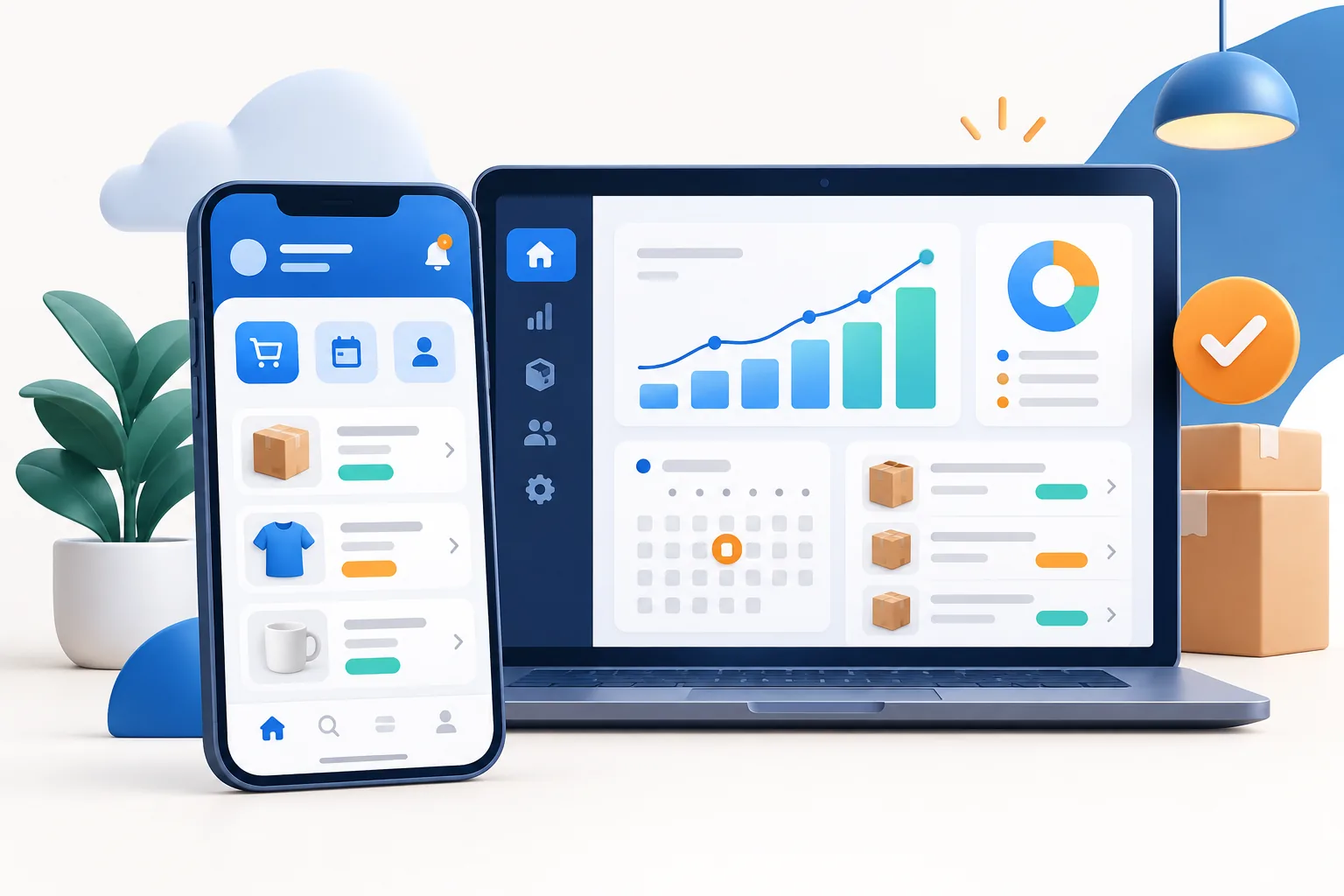 A business dashboard on a laptop with charts and orders, next to its mobile app