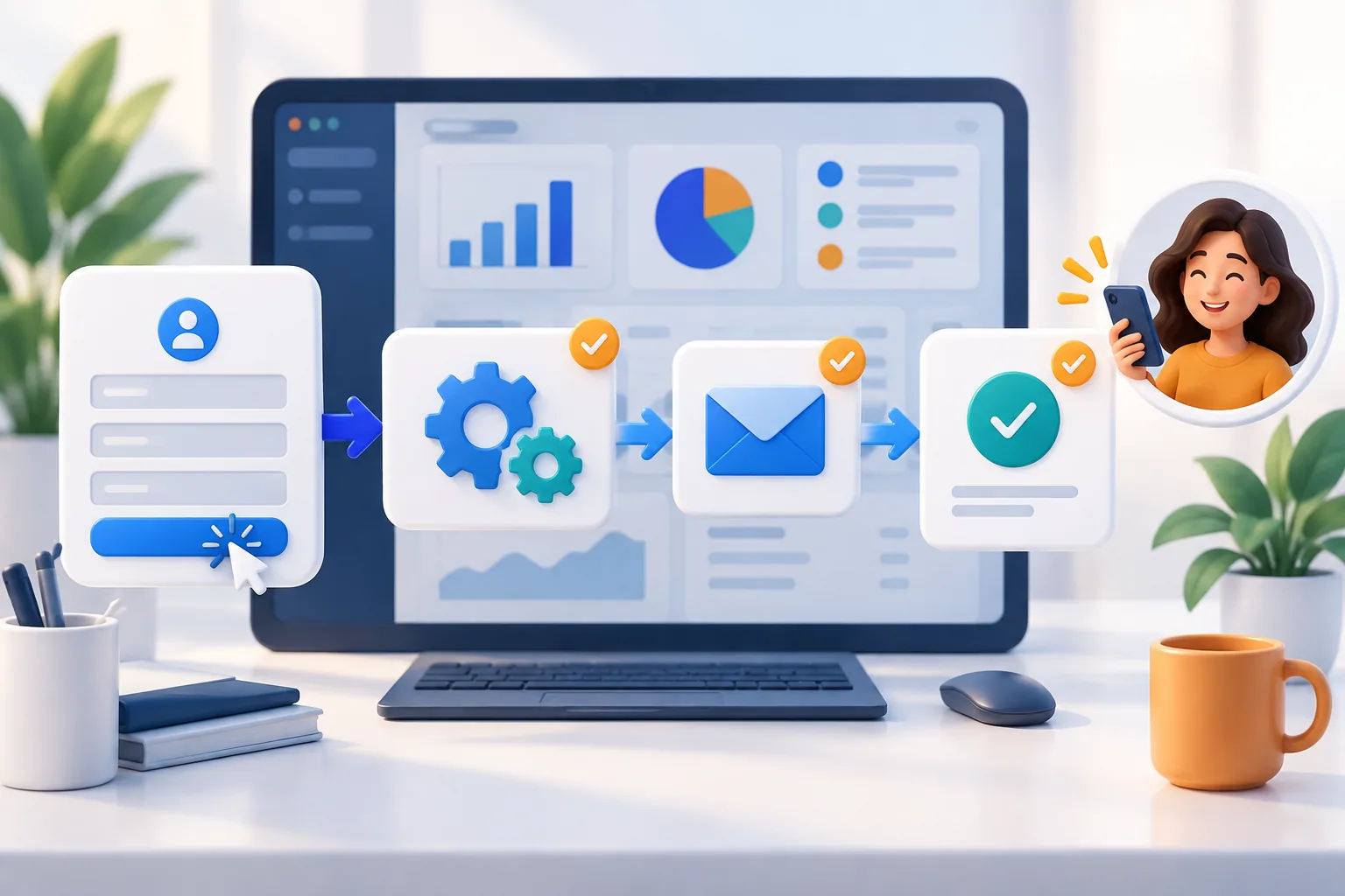 An automated workflow: a form submission triggers processing, then an email, then a confirmed result on the customer's phone