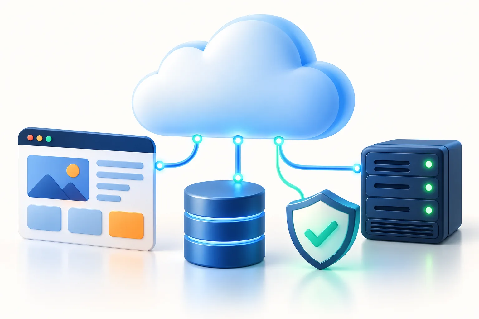 A website, database, security shield and server connected to the cloud