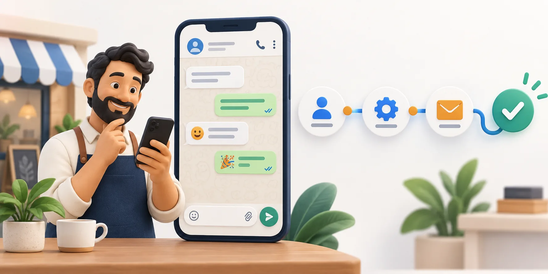 A shop owner reading a WhatsApp chat with automated replies, next to an enquiry-to-confirmation flow