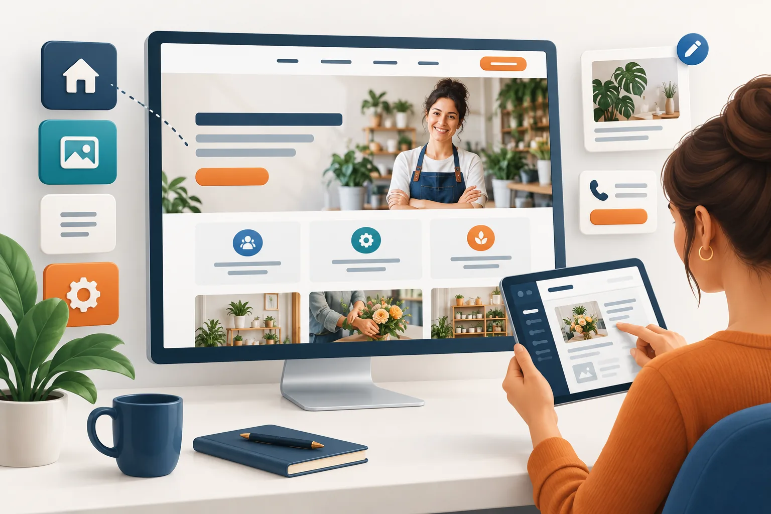 A plant shop website on a desktop screen, with its owner editing the same site on a tablet
